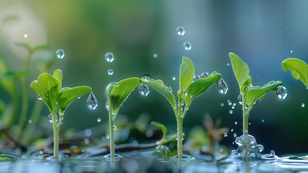 Young plant sprouts with water droplets on green bokeh background Macro shot with nature and growth