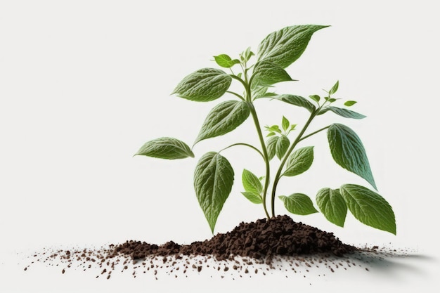 Young plant on white backdrop with humus