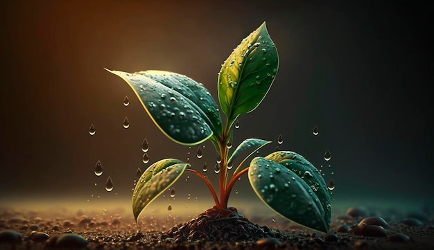 A young plant with a drop of water in the sun a growing plant grows Generative AI