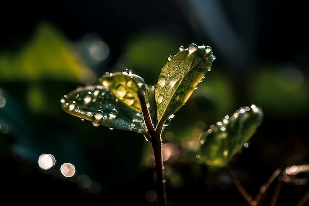 Young plant with water drops created with generative AI