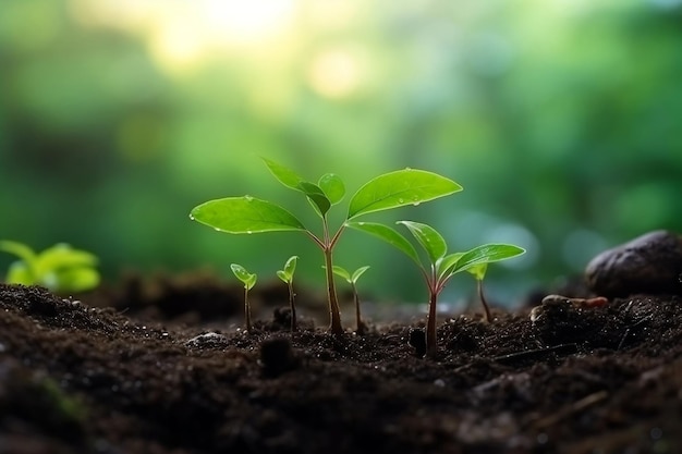 Young plants growing on the ground with sunlight Generative Ai