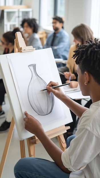 Photo young pnter sitting in front of white canvas drawing vase model using graphic pencil working at ske