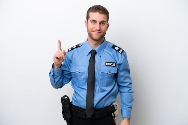 Young police caucasian man isolated on white background pointing with the index finger a great idea