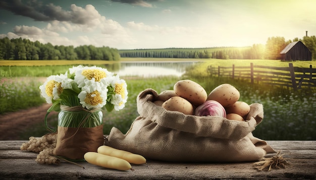 Young potatoes in burlap sack on wooden table with blooming agricultural field on the background Generative ai