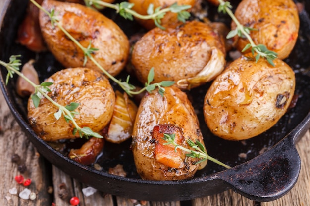 Young potatoes fried in a pan