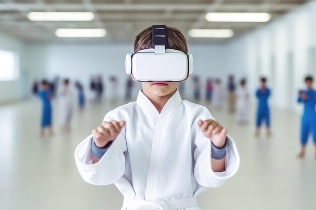 A young practitioner of karate dons virtual 3D goggles