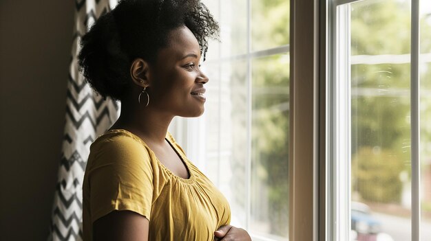 Young pregnant black woman smiling and looking