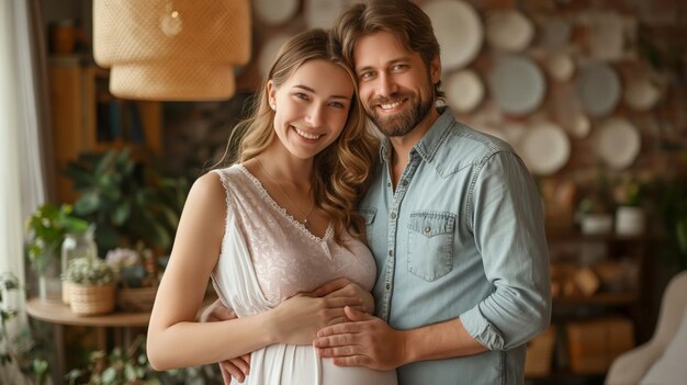 young pregnant woman and her husband lovingly stroking her growing belly