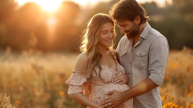 young pregnant woman and her husband lovingly stroking her growing belly