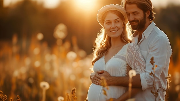 young pregnant woman and her husband lovingly stroking her growing belly