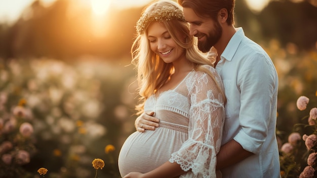 young pregnant woman and her husband lovingly stroking her growing belly