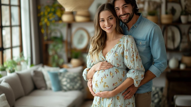 young pregnant woman and her husband lovingly stroking her growing belly