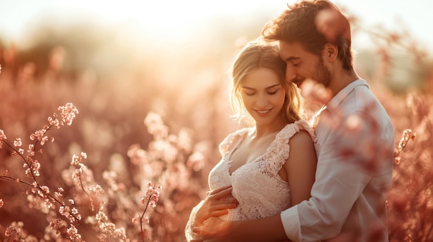 young pregnant woman and her husband lovingly stroking her growing belly