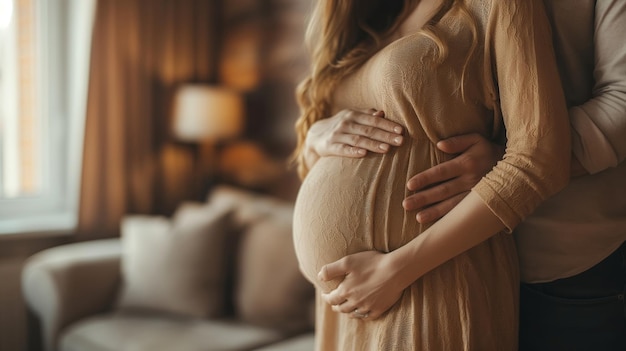 young pregnant woman and her husband lovingly stroking her growing belly