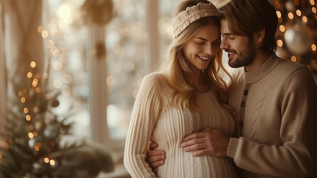 young pregnant woman and her husband lovingly stroking her growing belly