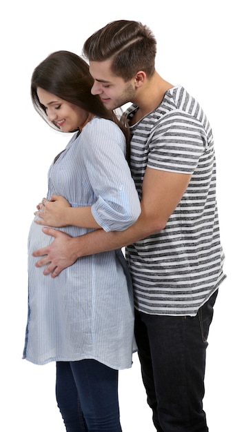 Young pregnant woman with husband on white