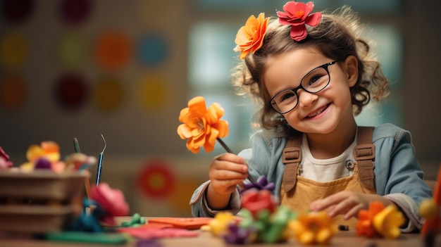 Photo young preschooler makes a paper and paint craft for classroom lessons