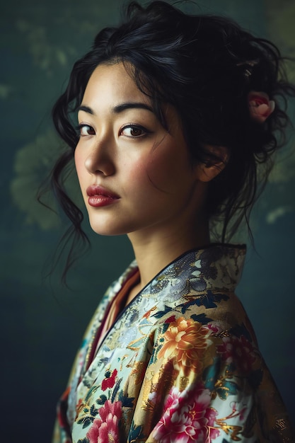 Young pretty asian woman in kimono on dark background lifestyle people concept