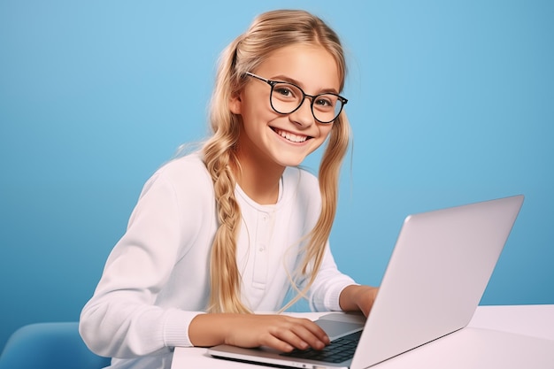 Young pretty blonde girl over isolated colorful background working with a laptop