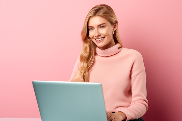 Young pretty blonde girl over isolated colorful background working with a laptop