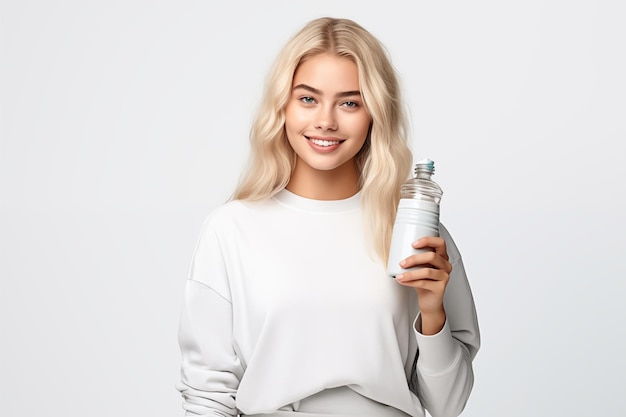 Young pretty blonde girl over isolated white background holding a bottle of water