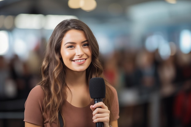 Young pretty brunette girl at indoors as a reporter holding a microphone and reporting news