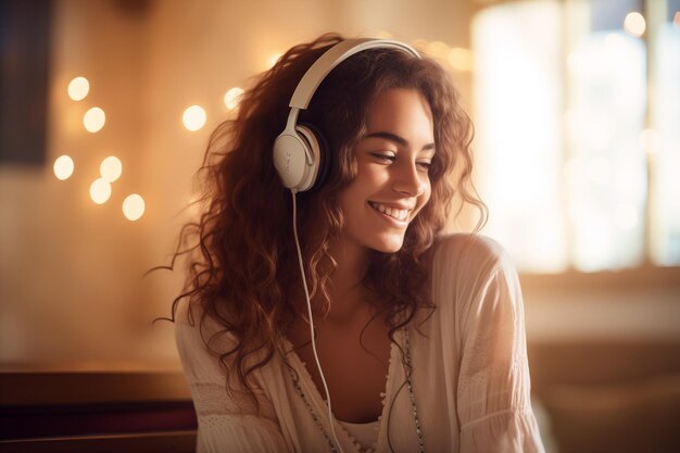 Young pretty brunette girl at indoors listening music with headphones