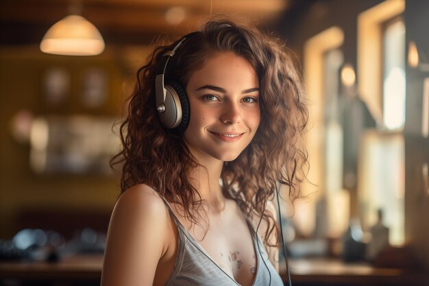 Young pretty brunette girl at indoors listening music with headphones