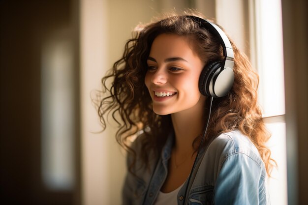 Young pretty brunette girl at indoors listening music with headphones