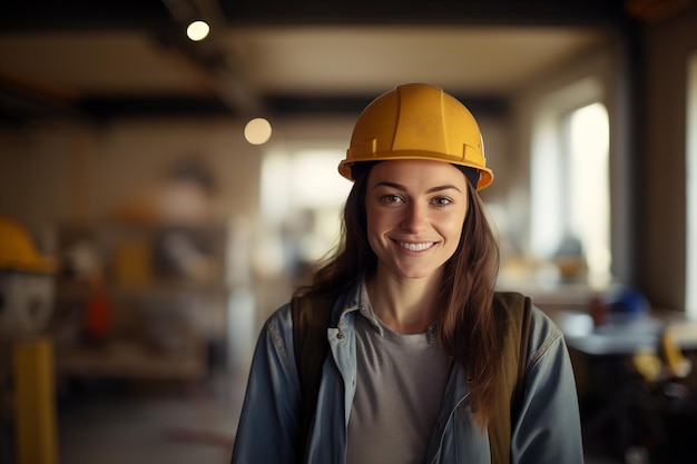 Young pretty brunette girl at indoors with worker cap