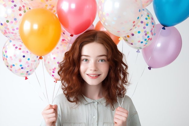 Young pretty brunette girl over isolated white background holding balloons