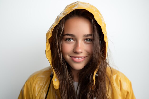 Young pretty brunette girl over isolated white background wearing a rainproof coat