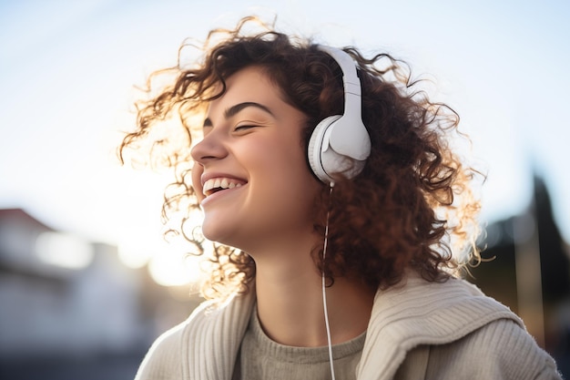 Young pretty brunette girl listening music with headphones