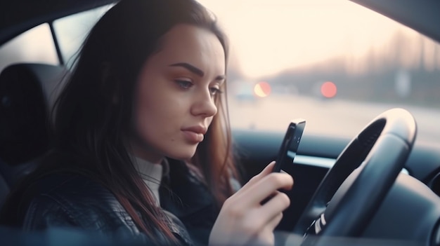 Young pretty Caucasian woman driving a car in traffic with her phone in hand Generative AI