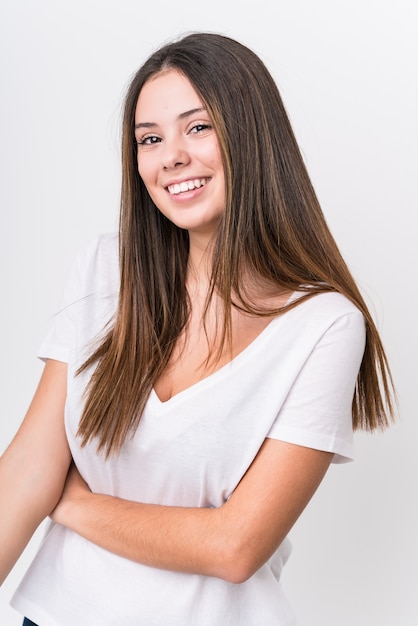 Young pretty caucasian woman face closeup isolated