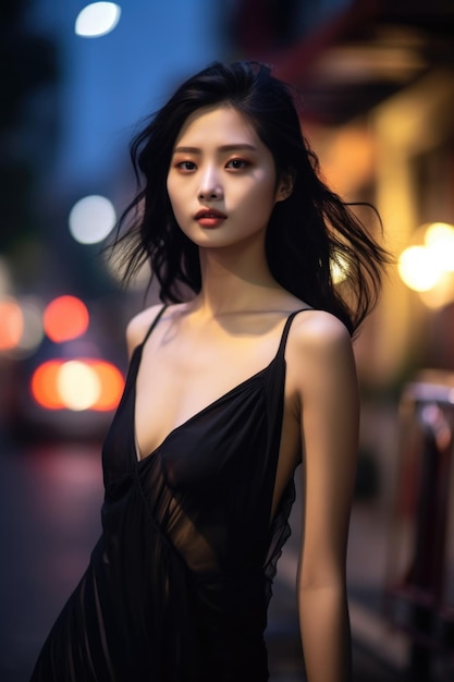 Young and Pretty Chinese Woman in a Dress Posing for Camera on a City Street