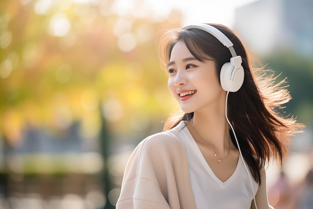 Young pretty Chinese woman at outdoors listening music with headphones