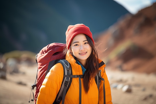 Young pretty Chinese woman at outdoors with mountaineer backpack