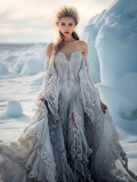 Young pretty Christmas Snow Maiden girl in a fantastic dress