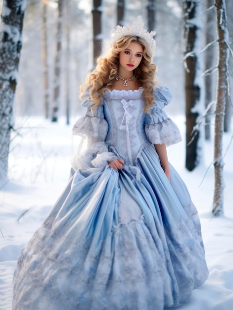 Young pretty Christmas Snow Maiden girl in a fantastic dress