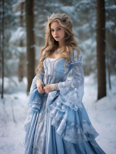 Young pretty Christmas Snow Maiden girl in a fantastic dress