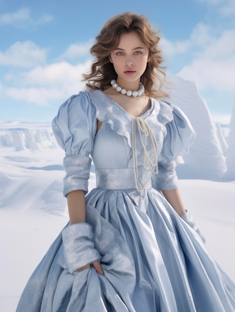 Young pretty Christmas Snow Maiden girl in a fantastic dress