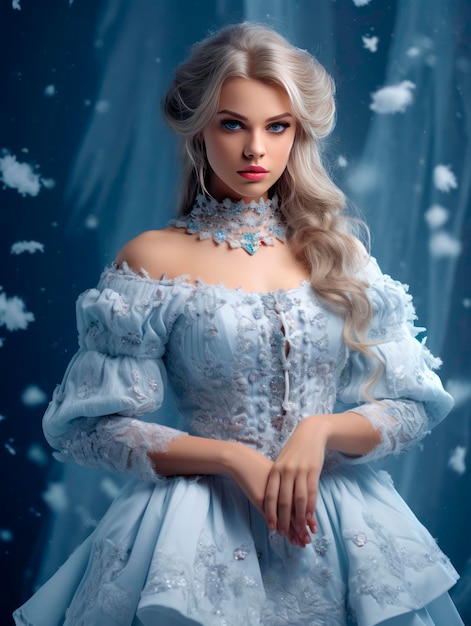 Young pretty Christmas Snow Maiden girl in a fantastic dress