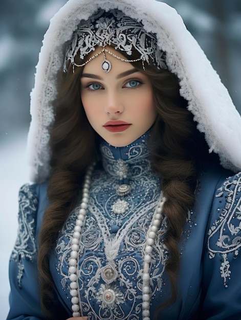 Young pretty Christmas Snow Maiden girl in a fantastic dress