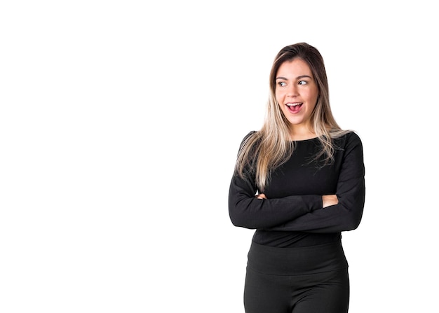 Young pretty confident manager business woman cross arms looking to left side making face isolated on white background