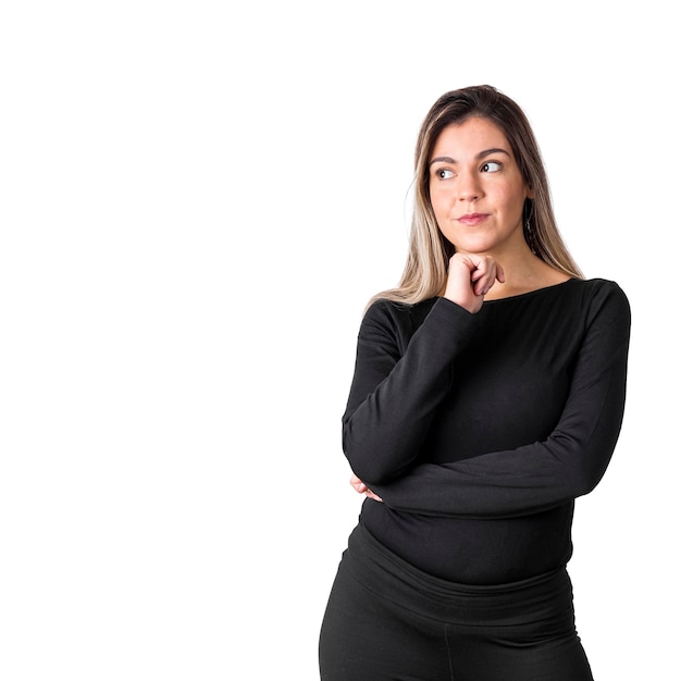 Young pretty confident manager business woman cross arms looking up isolated on white background