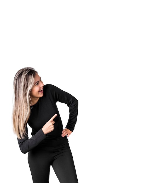 Young pretty confident manager business woman pointing up isolated on white background