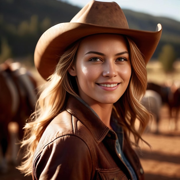 Young pretty cowgirl female cowgirl smiling and confident in Western ranch