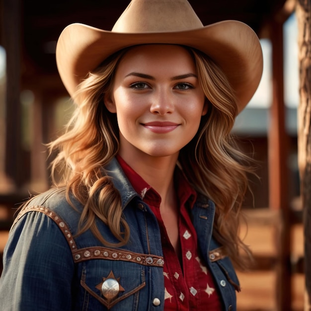 Young pretty cowgirl female cowgirl smiling and confident in Western ranch