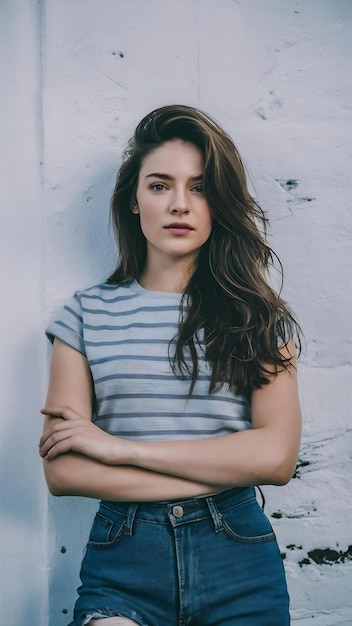 Young pretty girl model standing and posing against white wall